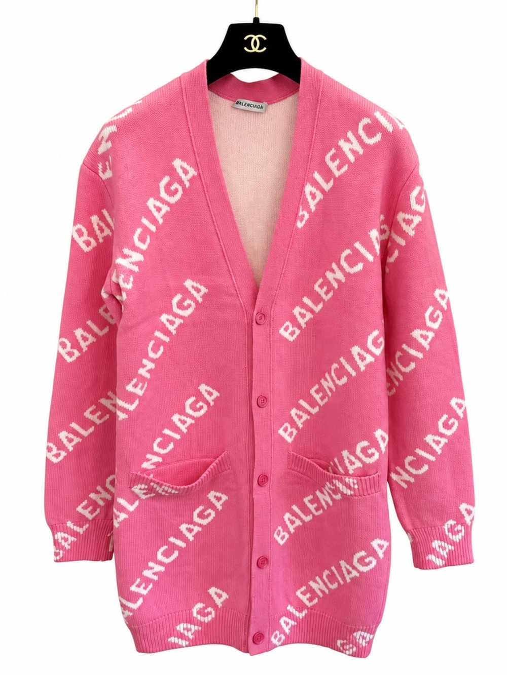 Balenciaga Pink All-Over Logo V-Neck Cardigan